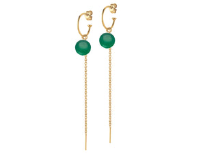 Gold Creole Earrings with chain and Green Agate
