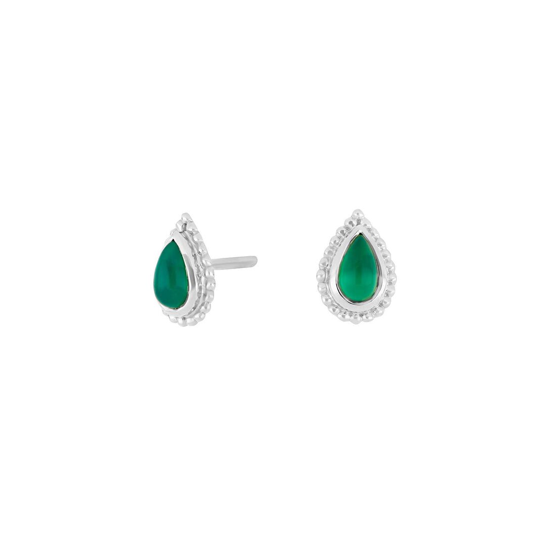 Teardrop shape natural stone stud earrings Green Chalcedony set in Sterling Silver