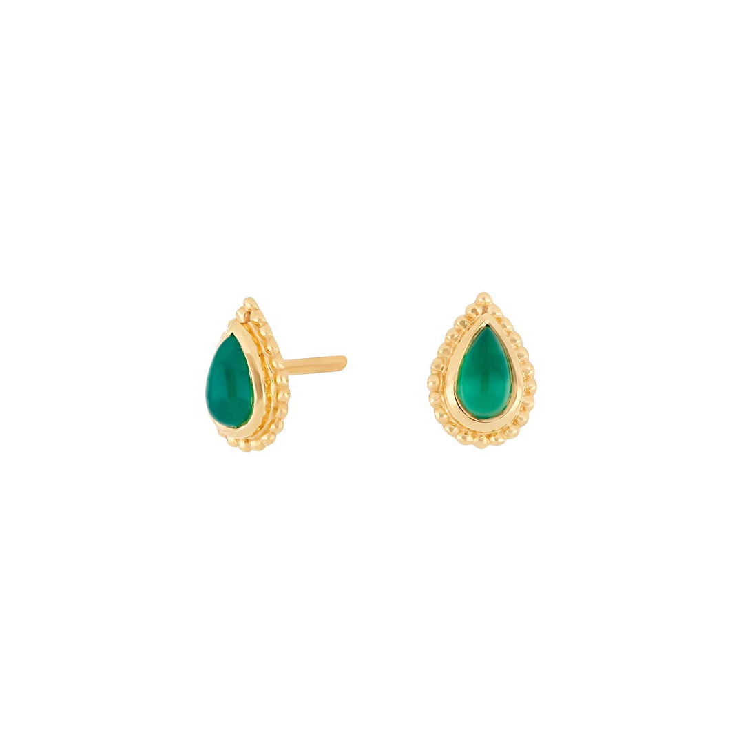 Teardrop shape natural stone stud earrings Green Chalcedony set in Gold