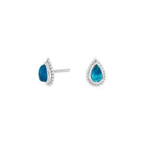 Teardrop shape natural stone stud earrings Blue Apatite set in Silver