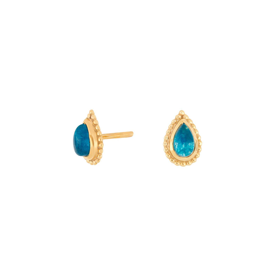 Teardrop shape natural stone stud earrings Blue Apatite set in Gold