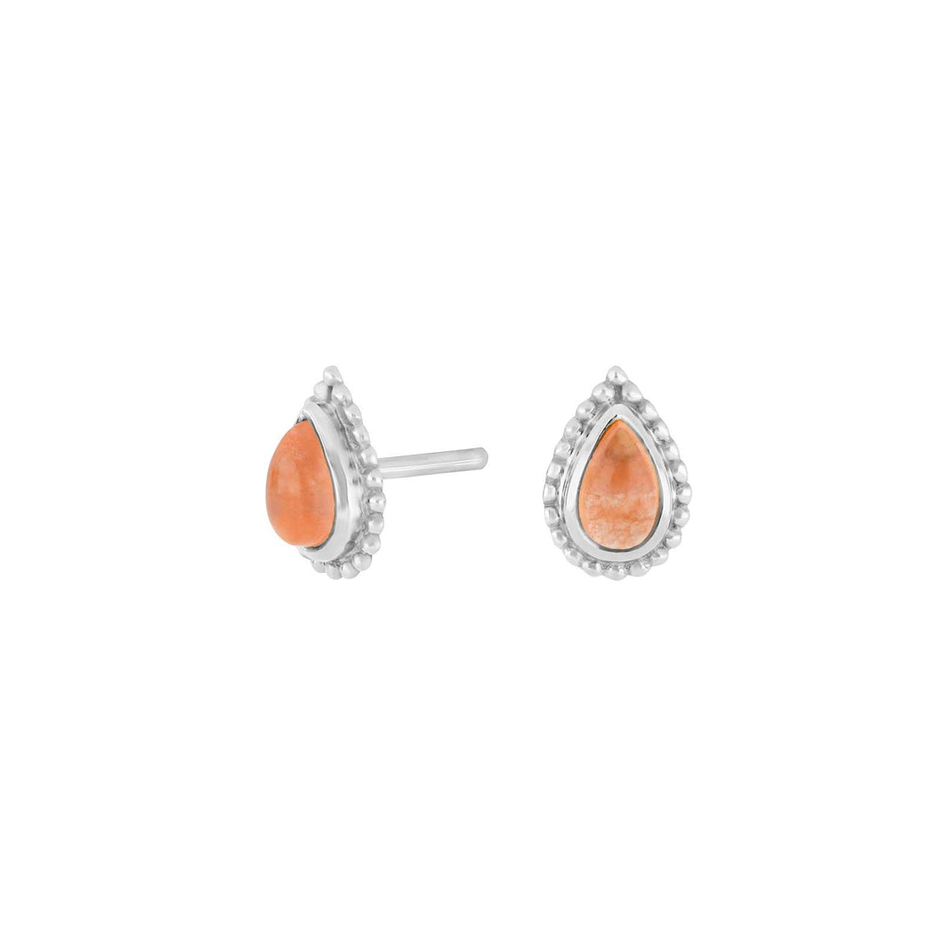 Teardrop shape natural stone stud earrings Peach Moonstone set in Sterling Silver