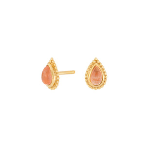 Teardrop shape natural stone stud earrings Peach Moonstone set in Gold