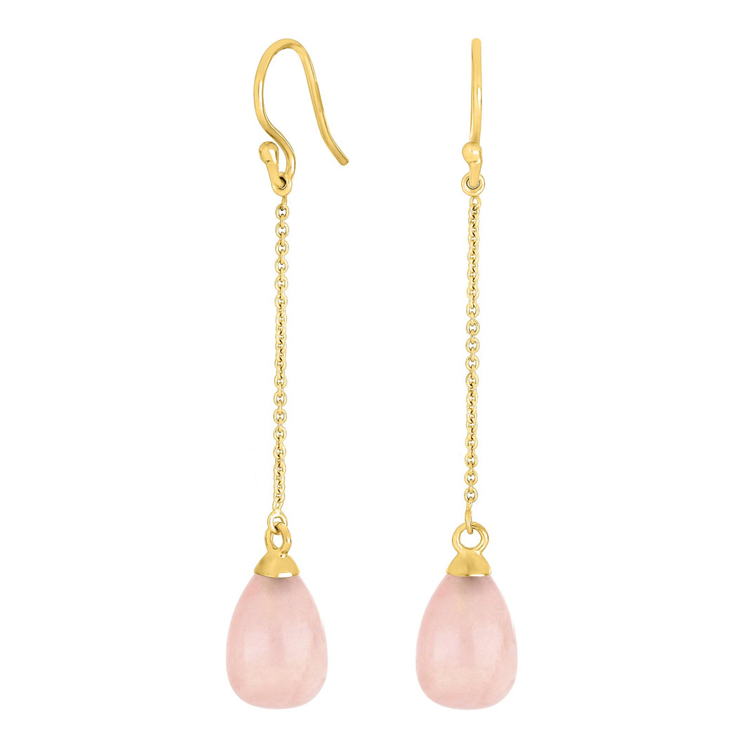 Long Drop Teardrop Stone Earrings Rose Quartz in Gold Plated Silver
