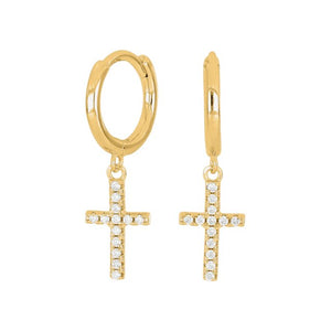 Gold Creole Earrings with Gold Cross and  Czs