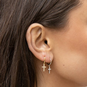 Gold Creole Earrings with Gold Cross and  Czs