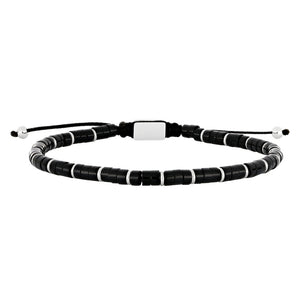 Mens Bracelet shiny black onyx with steel discs 19-25cm